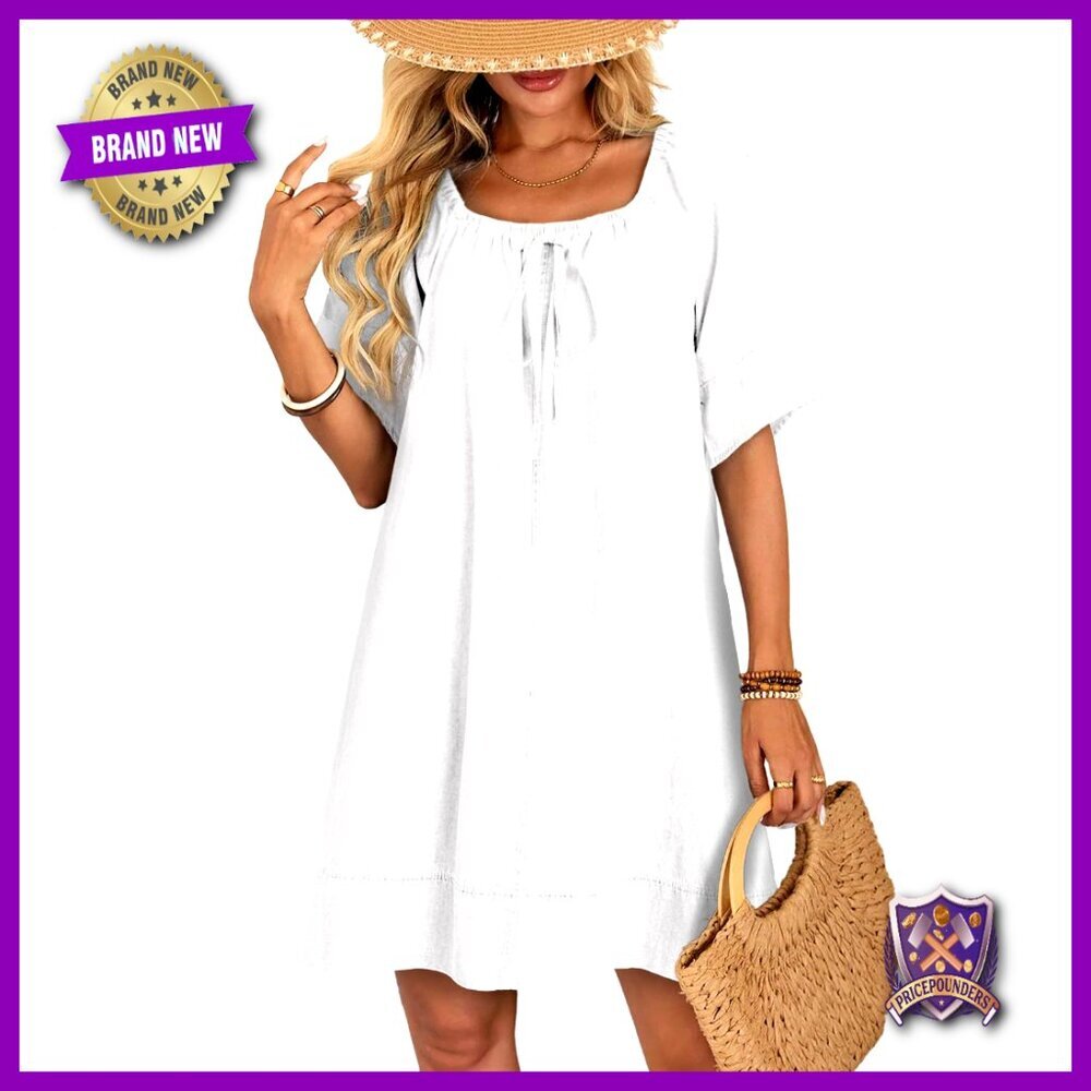 Lightweight Cotton Denim Dress with Tie Front Square Neck Casual Summer